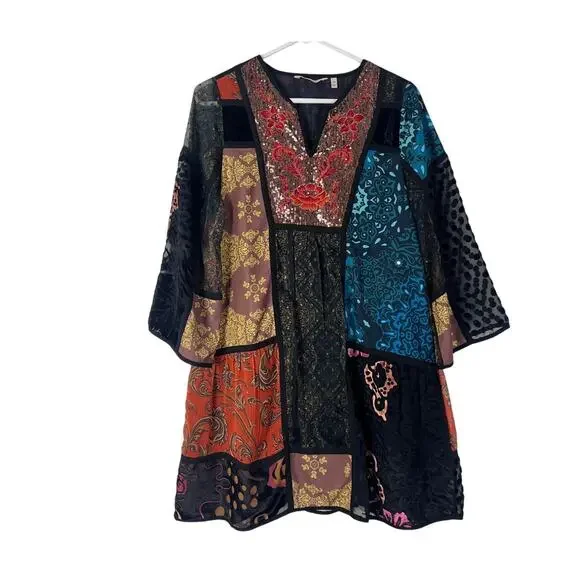 Soft Surroundings Adassa Burnout Velvet Tunic Mini Dress Patchwork Sequin Boho - Picture 4 of 10